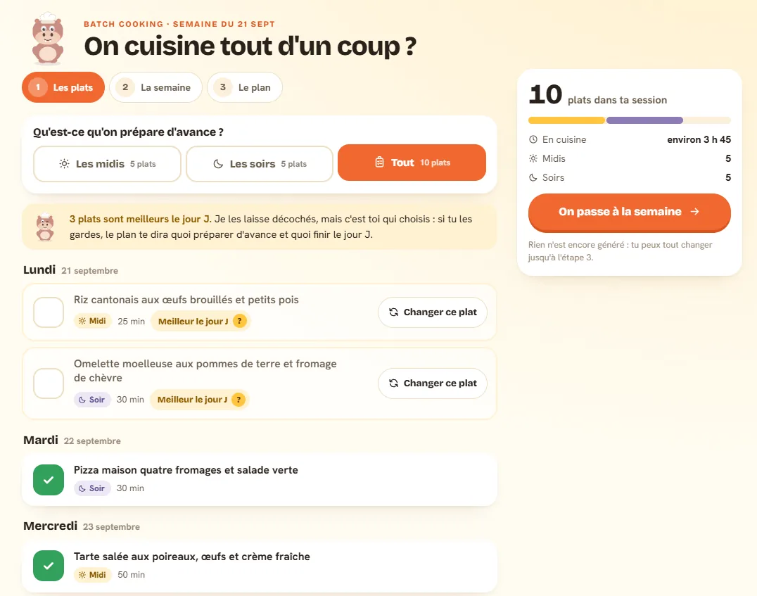 Écran « On cuisine tout d'un coup ? » de Popotam : dix plats de la semaine, dont trois marqués « Meilleur le jour J », et un récapitulatif de 3 h 45 en cuisine