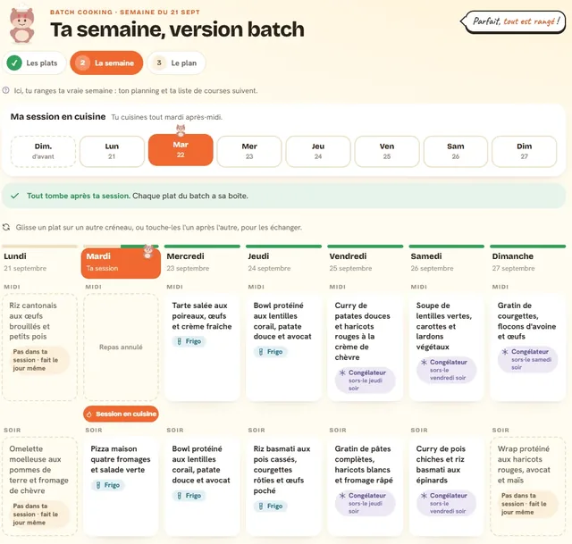 La semaine rangée autour de la session, avec les étiquettes frigo et congélateur