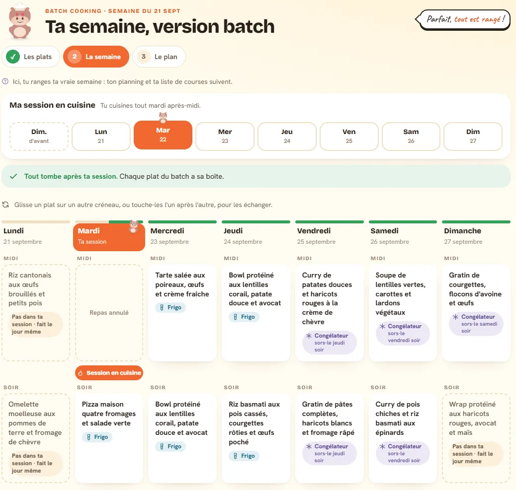 Tableau de la semaine en batch cooking dans Popotam : session le mardi, étiquettes frigo et congélateur sur chaque plat, et le soir où sortir chaque plat congelé