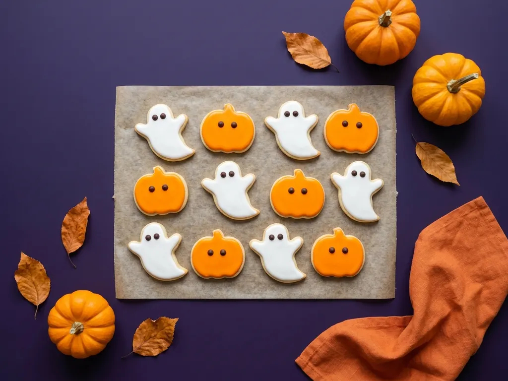Biscuits d'Halloween : sablés fantômes et citrouilles, image générée par IA