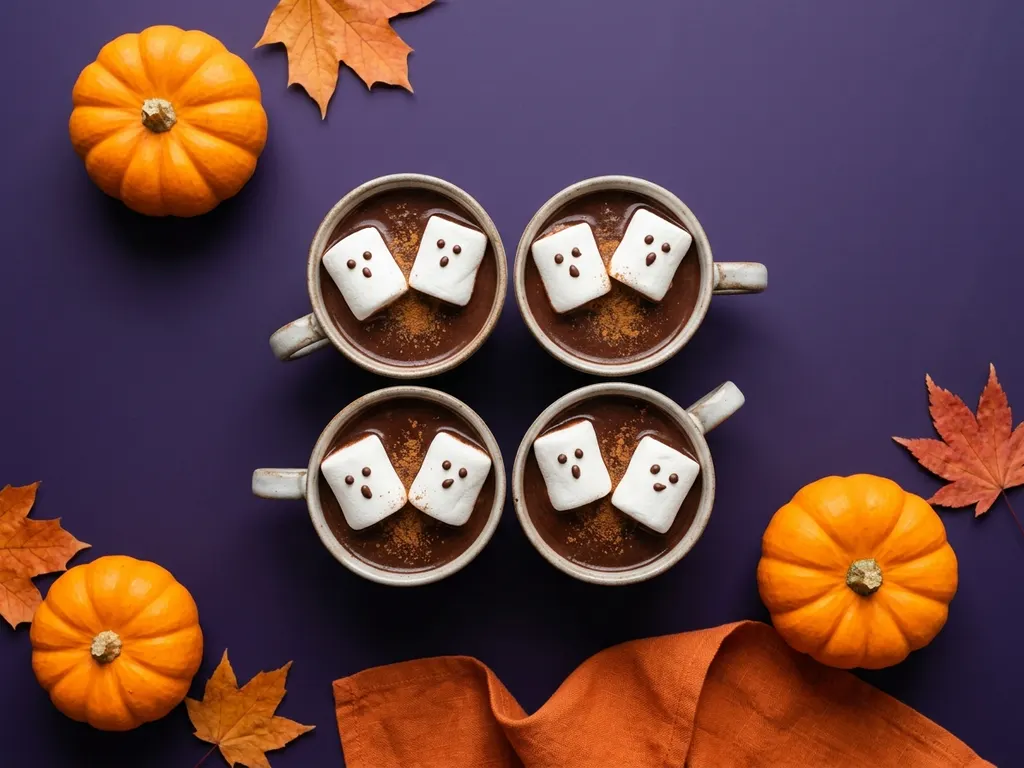 Chocolat chaud de la sorcière, guimauves fantômes, image générée par IA