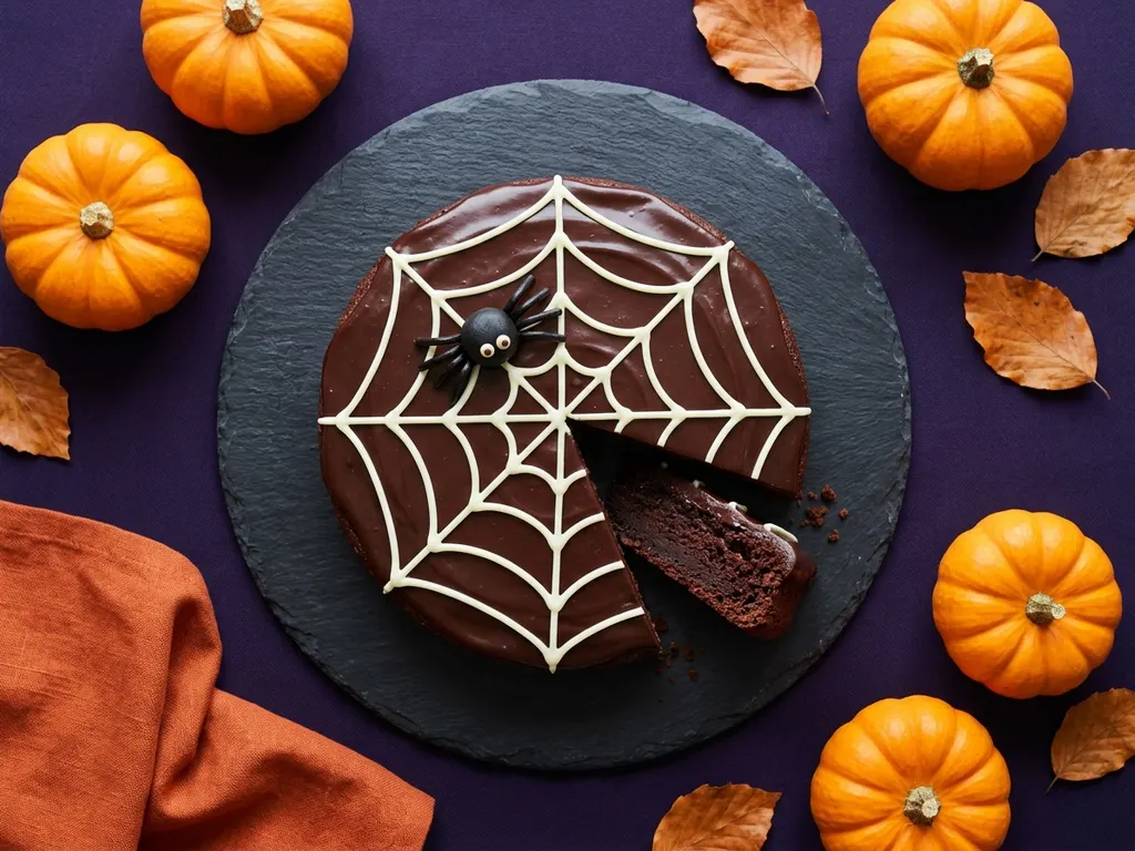 Gâteau d'Halloween au chocolat, toile d'araignée, image générée par IA