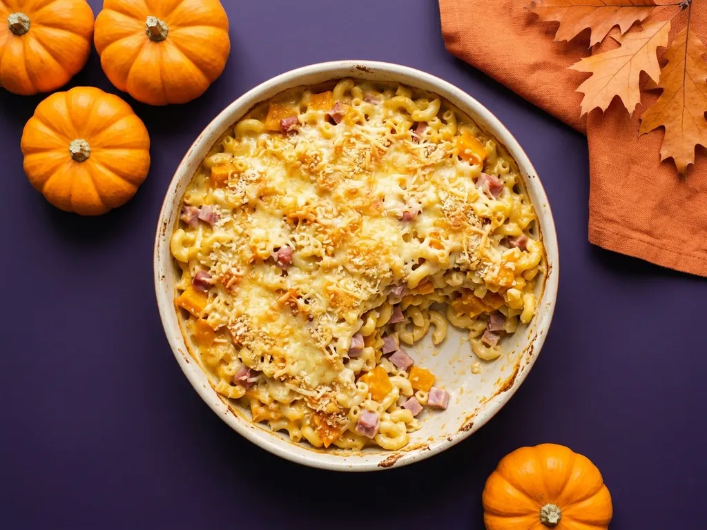 Gratin de coquillettes au potiron et au jambon, image générée par IA