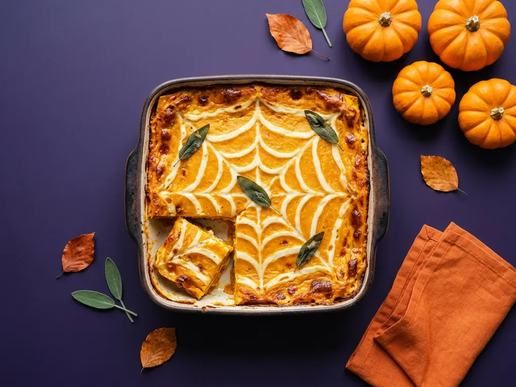 Lasagnes au potiron et à la ricotta, toile d'araignée, image générée par IA