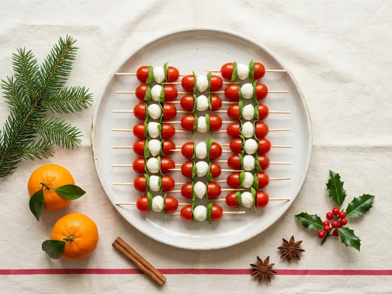 Mini-brochettes tomate cerise, mozzarella et basilic