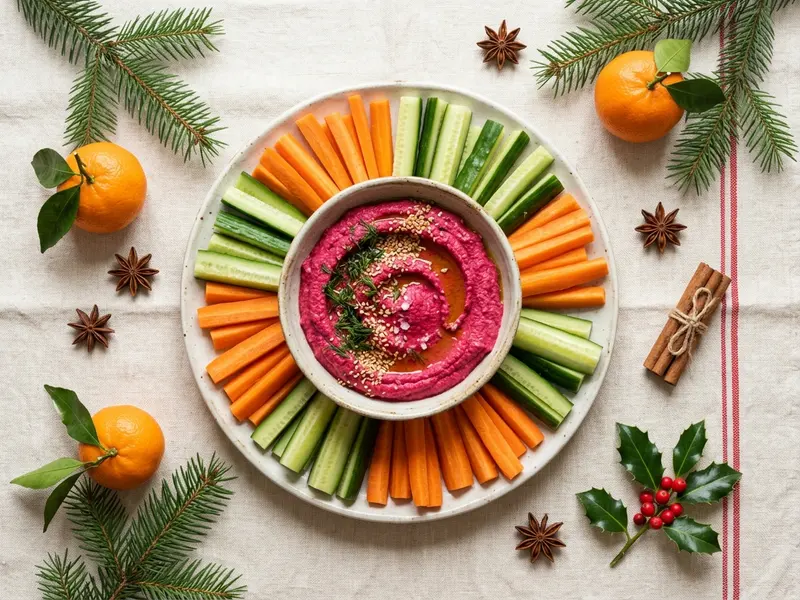 Houmous à la betterave, légumes croquants