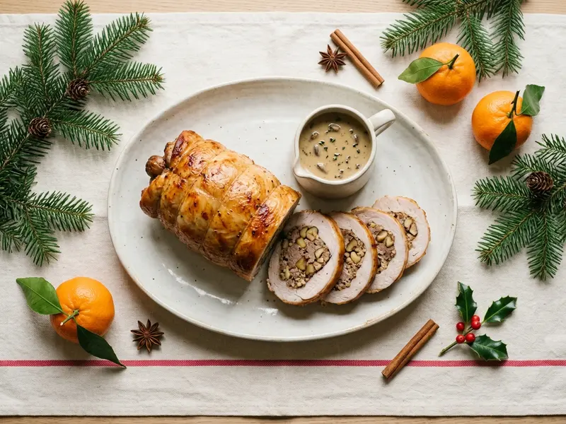Filet de dinde farci aux marrons, sauce aux cèpes : une idée de présentation