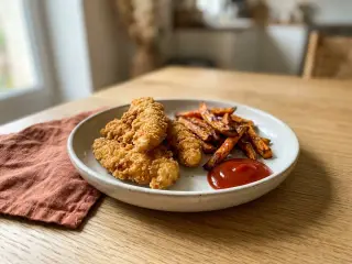 Breaded chicken tenders with sweet potato fries