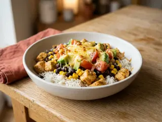 Chicken burrito bowls with rice and black beans