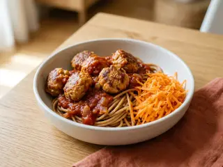 Boulettes de dinde à la sauce tomate maison, pâtes complètes et carottes râpées