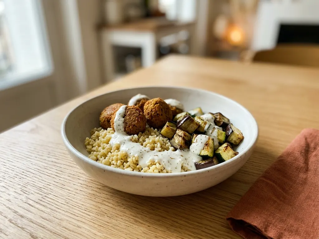 Bowl de boulgour, falafels maison et légumes grillés