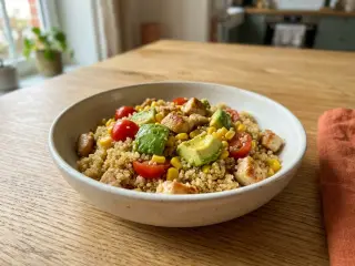 Bowl de quinoa, avocat, maïs et dés de poulet