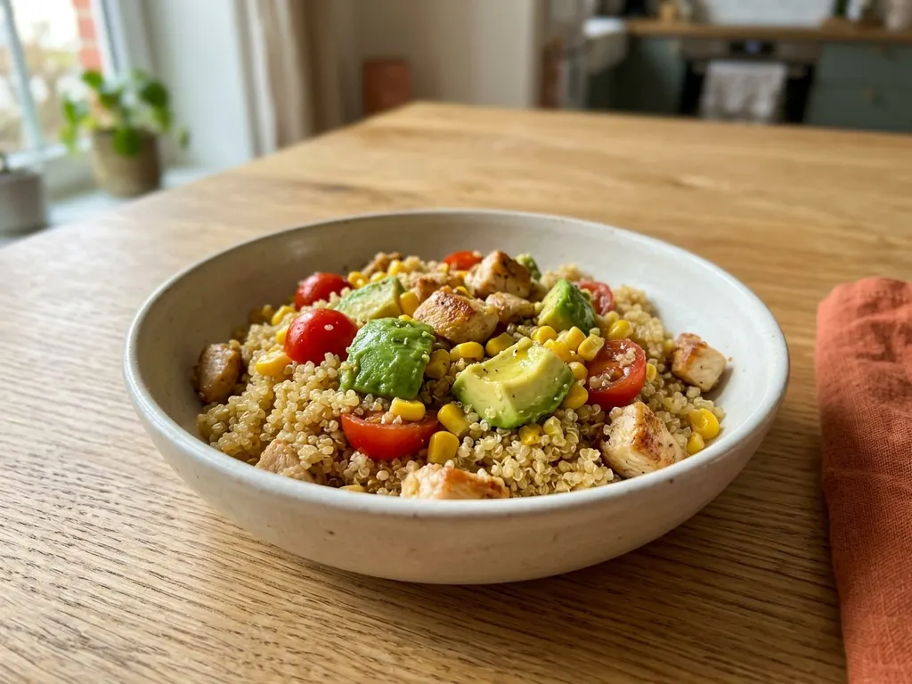 Bowl de quinoa, avocat, maïs et dés de poulet