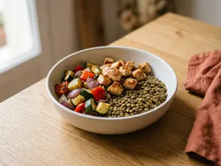 Bowl protéiné aux lentilles, poulet et légumes rôtis