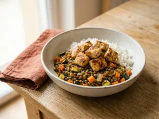 Bowl protéiné lentilles-riz et poulet grillé