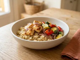 Bowl protéiné poulet, quinoa et légumes grillés