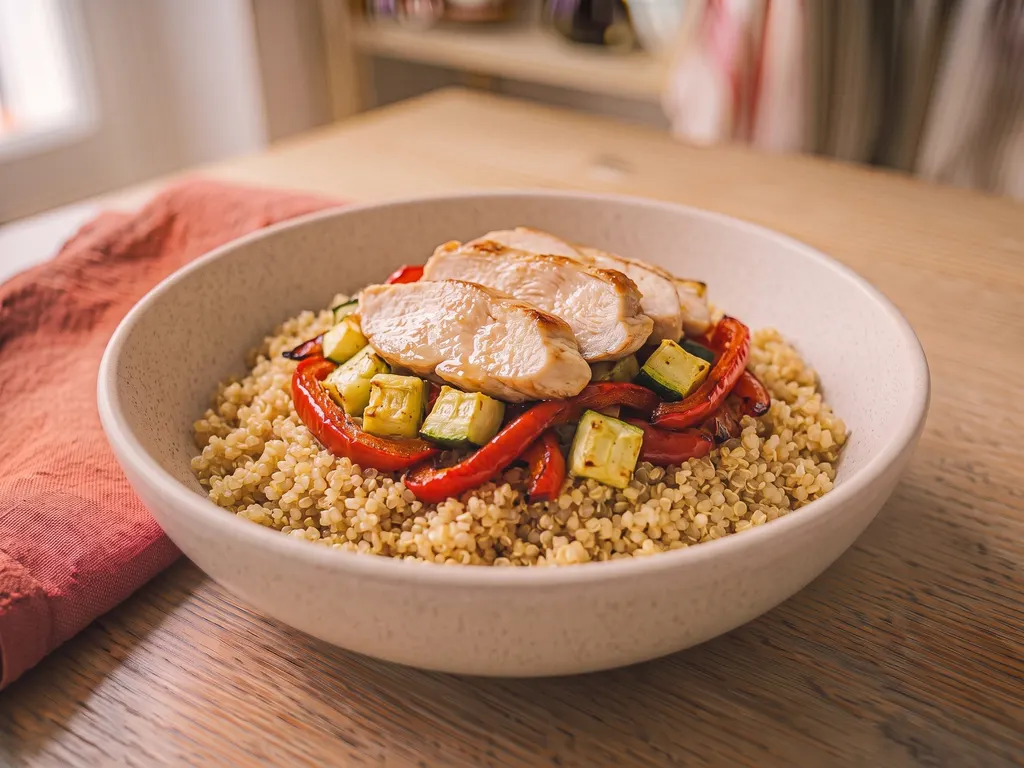 Bowl protéiné poulet, quinoa et légumes rôtis