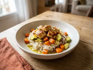 Chicken and rice protein bowl with crunchy veggies