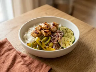 Bowl protéiné poulet-riz aux légumes grillés