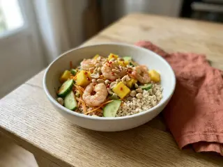 Bowl thaï aux crevettes, mangue et riz complet