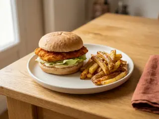 Crispy chicken burgers with oven fries