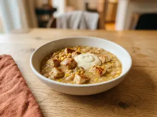 Chili blanc au poulet, haricots blancs et maïs