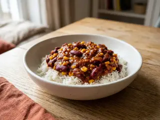 Chili sin carne aux haricots rouges, maïs et riz basmati