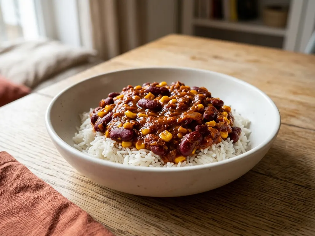 Chili sin carne aux haricots rouges, maïs et riz basmati, une idée de présentation