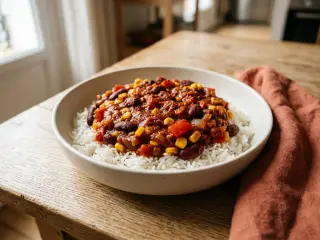 Chili sin carne aux haricots rouges, maïs et riz
