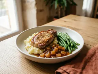 Côtes de porc, compote de pommes et haricots verts