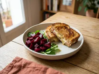 Croque-monsieur revisité au jambon et fromage, salade de betteraves