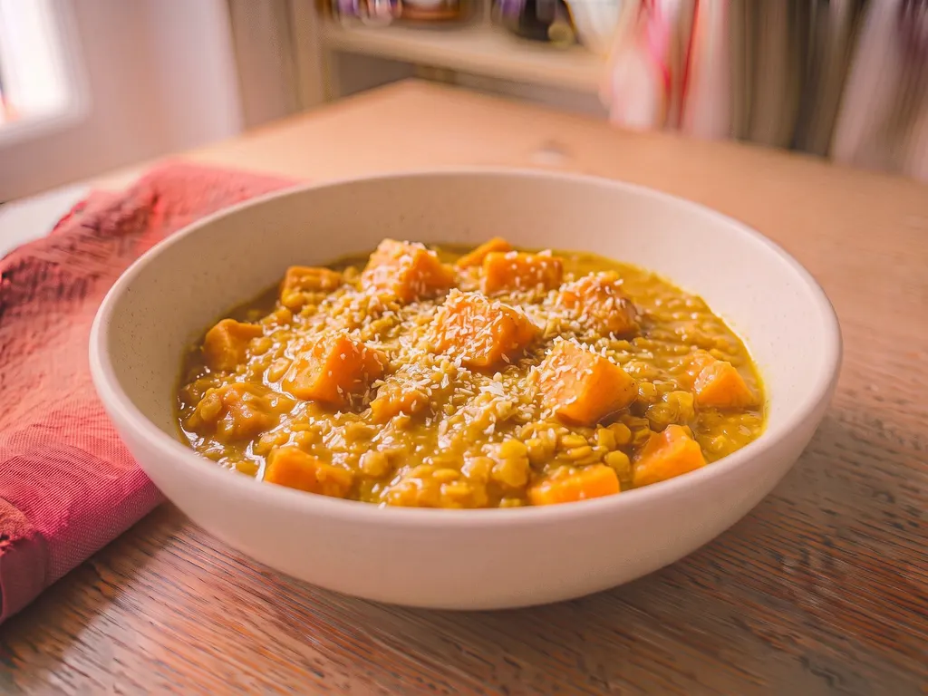 Curry de lentilles corail et patates douces au lait de coco, une idée de présentation