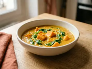 Curry de lentilles corail, patates douces et épinards