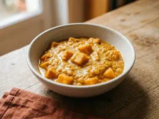 Curry de lentilles corail, patates douces et lait de coco