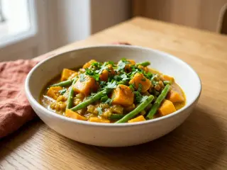 Curry de patate douce et haricots verts à la coriandre fraîche