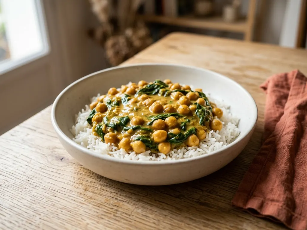 Curry de pois chiches et épinards au lait de coco, une idée de présentation