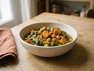 Curry de pois chiches, patate douce et épinards frais