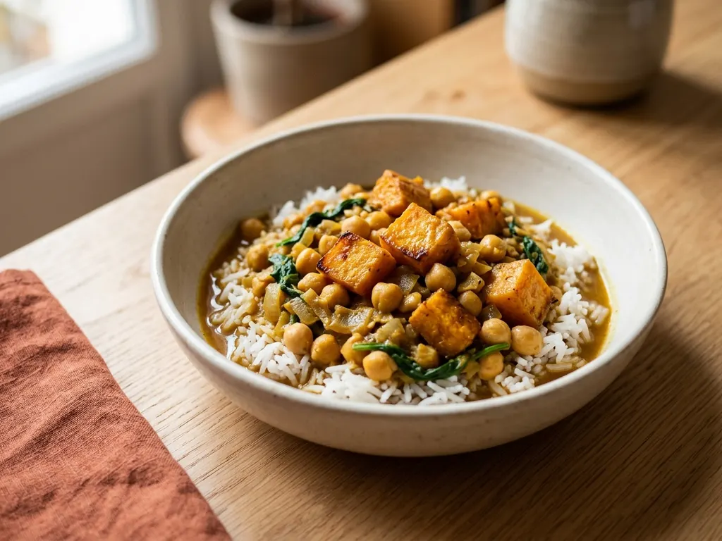Curry de pois chiches, patate douce et épinards