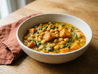 Curry de pois chiches, patates douces et épinards frais