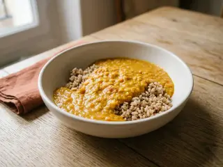 Red lentil coconut dal with brown rice