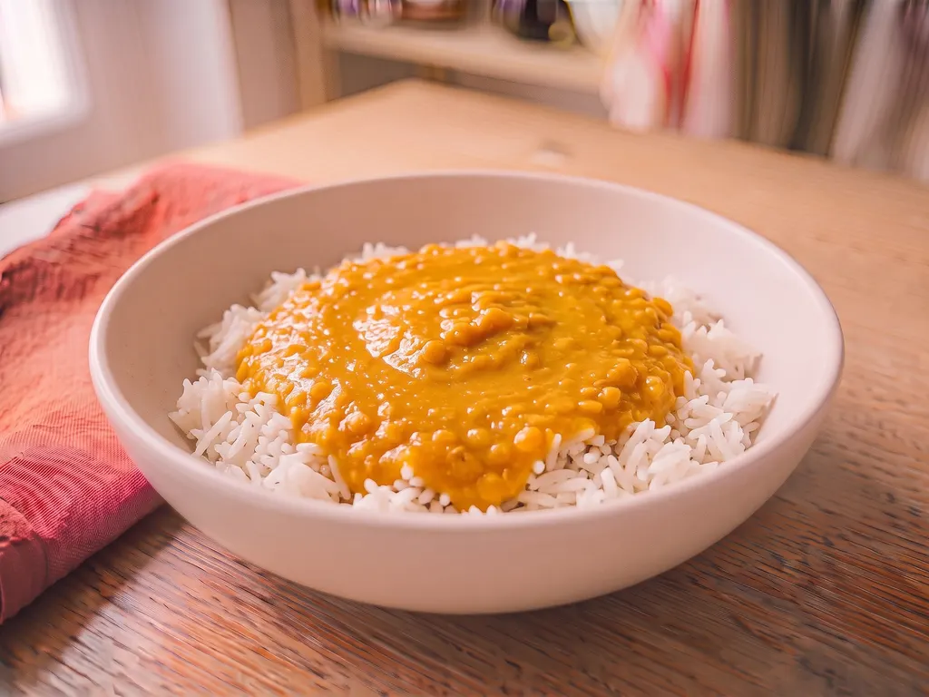 Red lentil coconut dal with rice, a serving idea