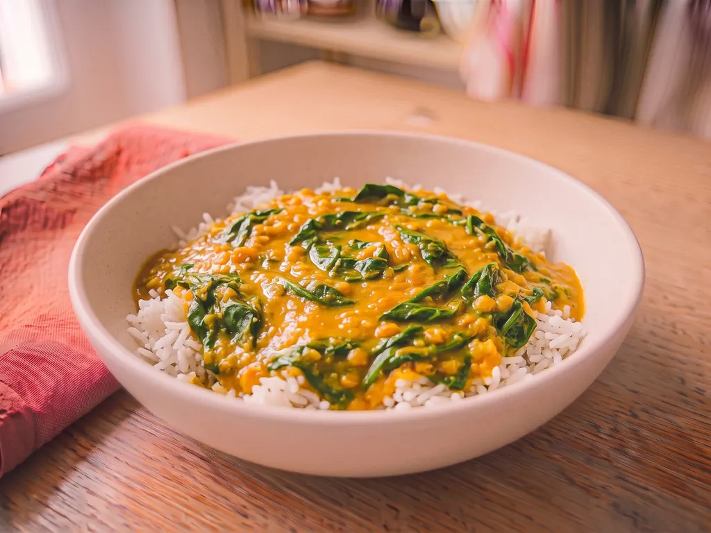 Dahl de lentilles corail aux épinards et riz basmati, une idée de présentation