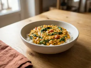 Dahl de lentilles corail aux épinards