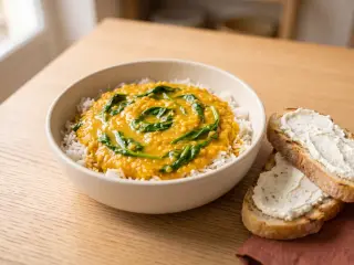Dahl de lentilles corail, épinards et riz basmati