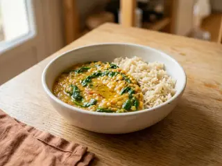 Dahl de lentilles corail et épinards, riz basmati