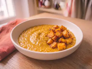 Red lentil dal with roasted sweet potatoes