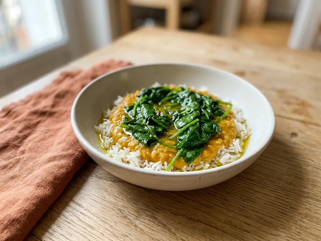 Dahl de lentilles corail et riz basmati aux épinards, une idée de présentation