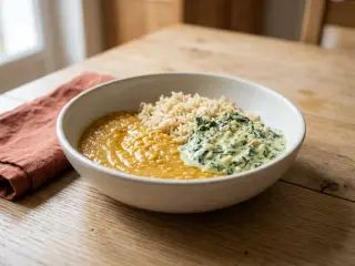 Dahl de lentilles corail, riz basmati et épinards à la crème