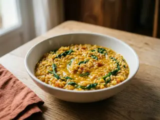 Dahl de lentilles corail, riz et épinards