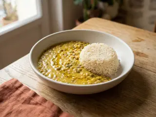 Dahl de lentilles vertes et lait de coco, riz basmati